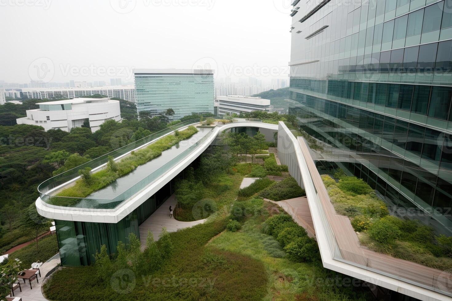 illustration of Gorgeous garden on the rooftop of a contemporary glass office building in Asia photo