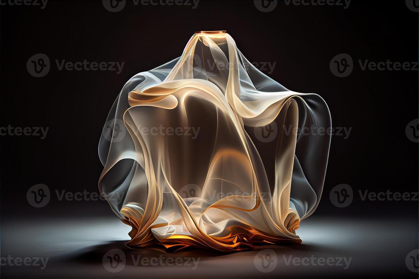 illustration of levitating moving twisting translucent cloth covering glowing objects in dark background photo