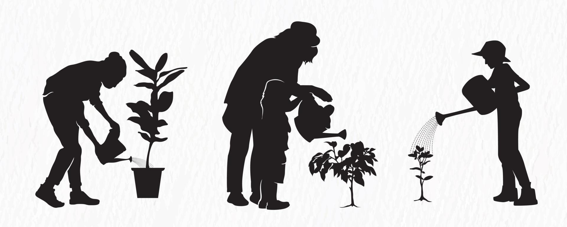 A silhouette set of different aged people watering plants. vector