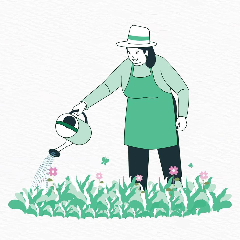 Modern illustration of a woman in a hat and apron watering flower garden vector