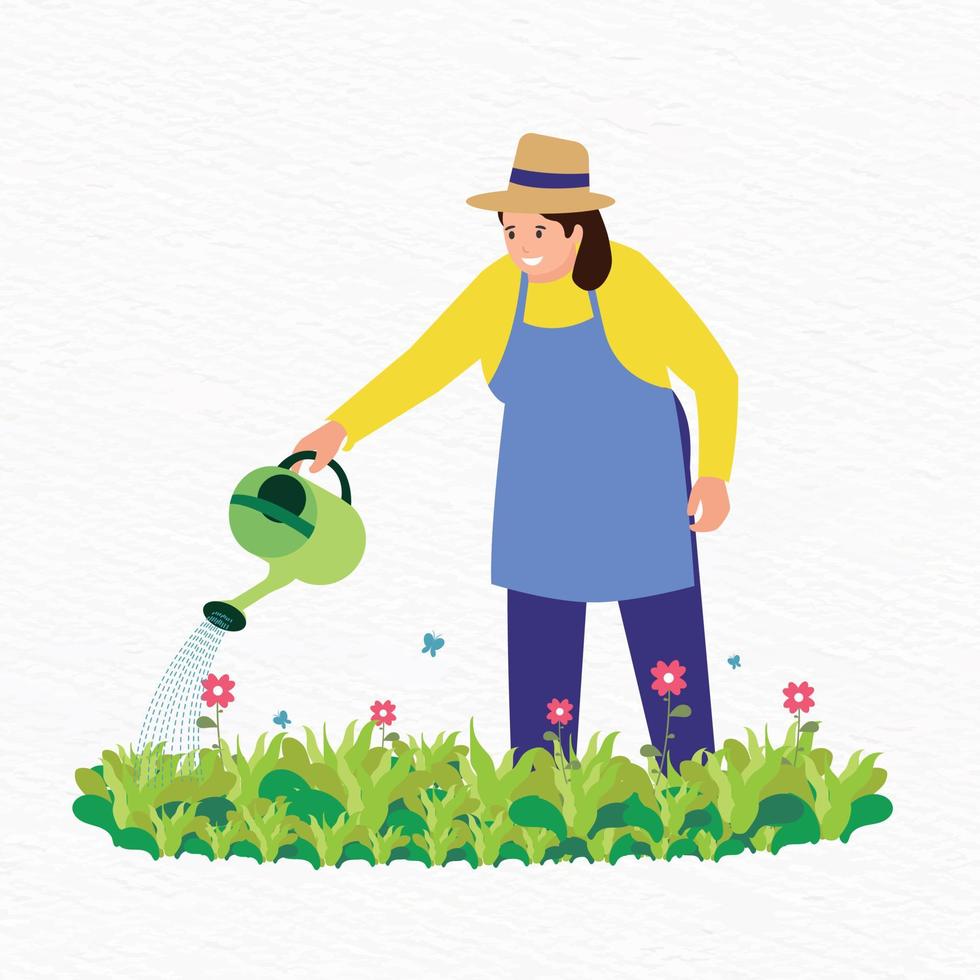 Flat illustration of a woman in a hat and apron watering flower garden vector