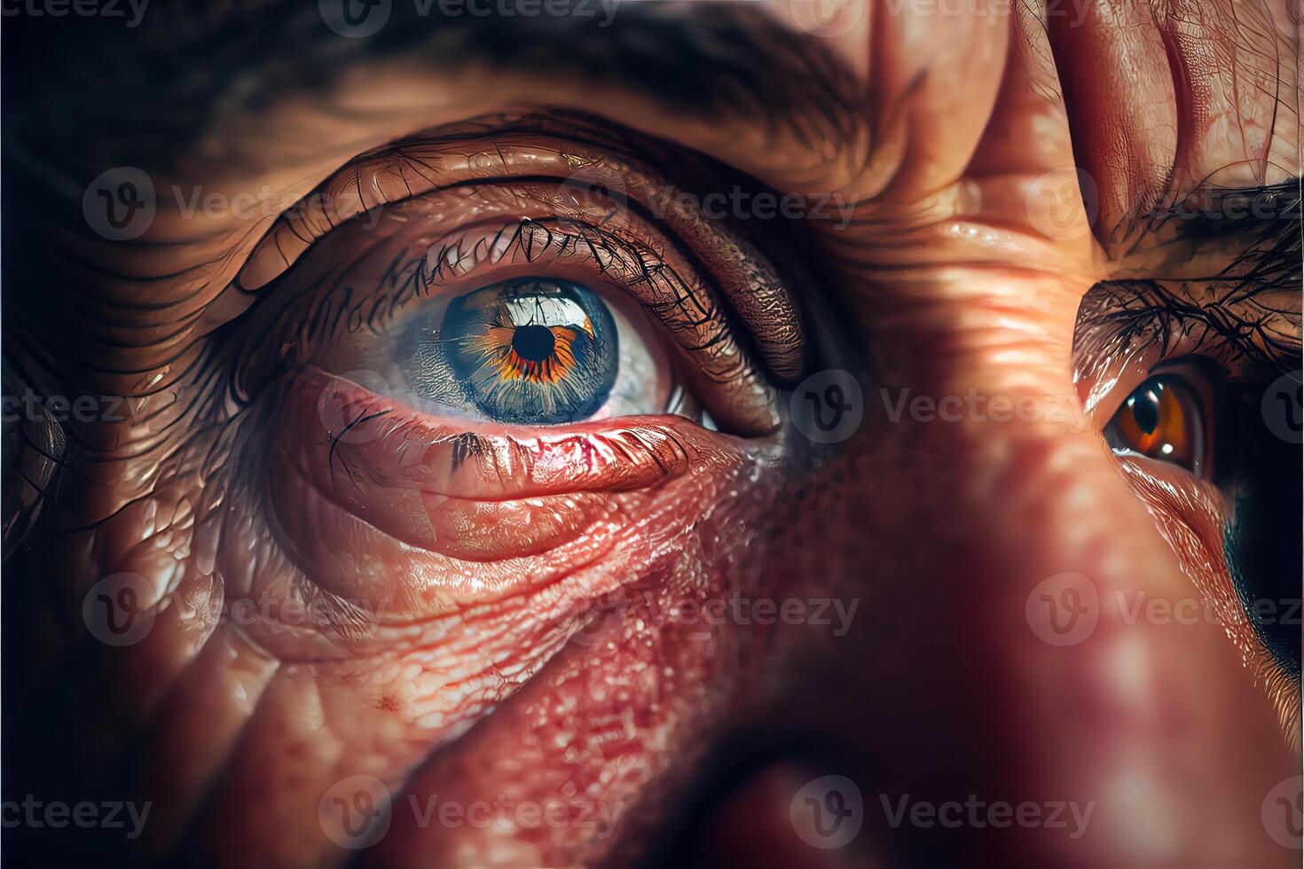 illustration of sadness is seen deep inside, mirroring, hyper realistic, colorful, cinematic lighting, close macro photo shot of an eye of old man.