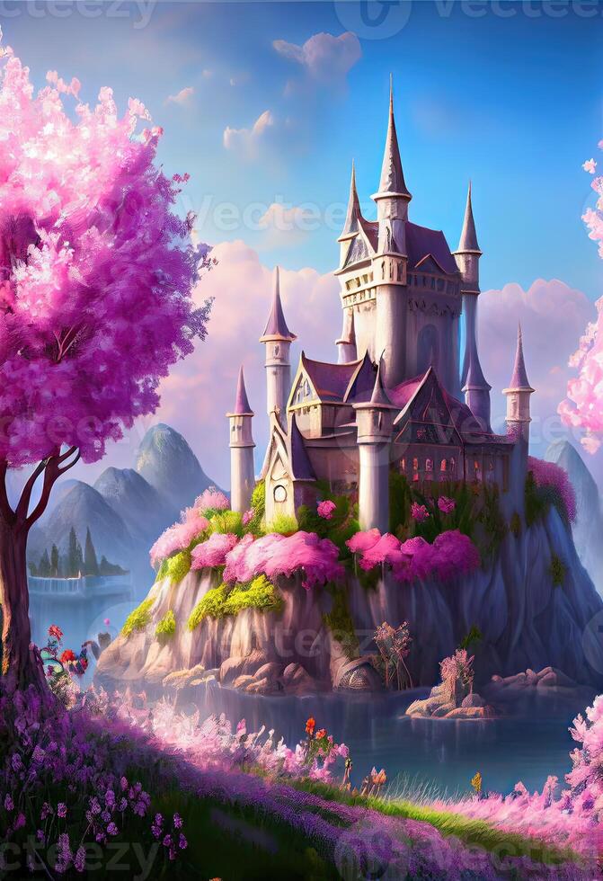 illustration of magical land of enchanted forests, castle, sparkling waterfalls and lush meadows, lake and fairy tail photo