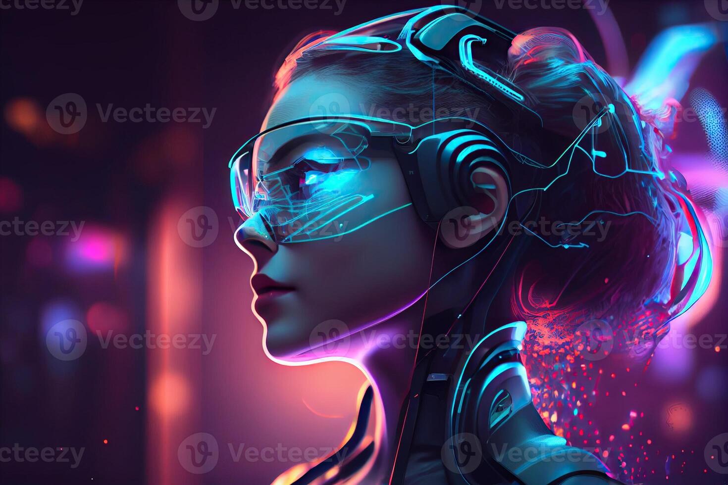illustration of Metaverse concept and virtual world elements. Side view of human face in augmented or virtual reality headset inside the metaverse photo