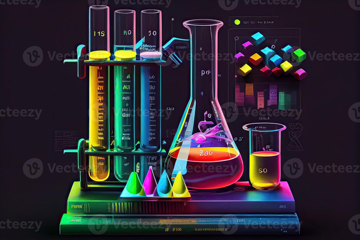 illustration of the periodic chart are test tubes and flasks used in laboratories with colored liquids photo