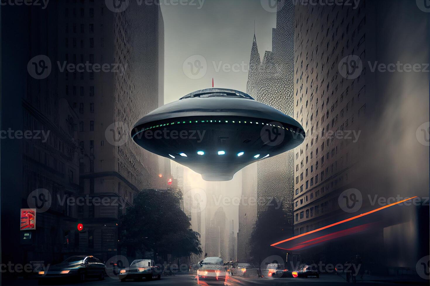 illustration of UFO flying in the sky of city photo