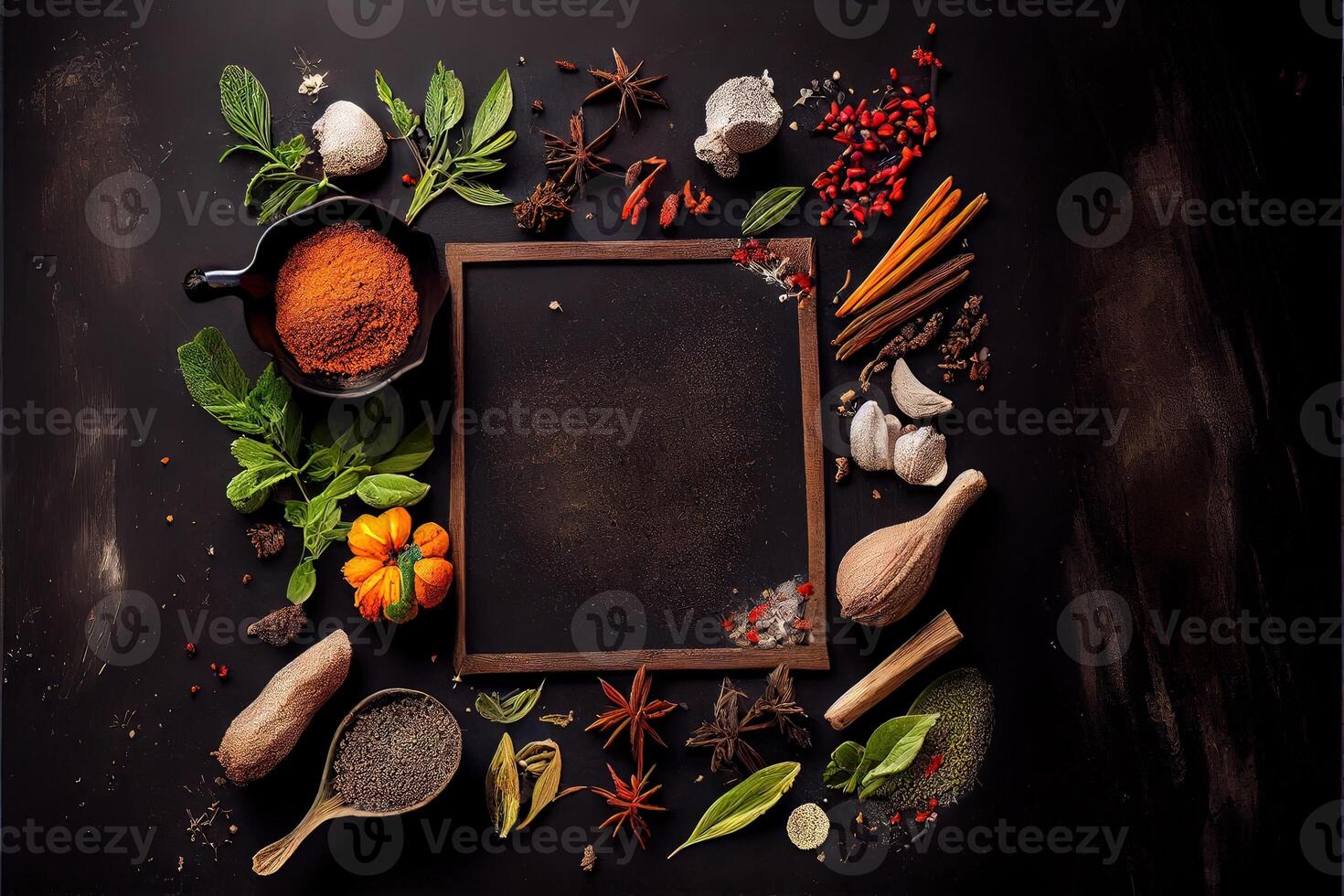 illustration of wide variety spices and herbs on background of black table, with empty space photo