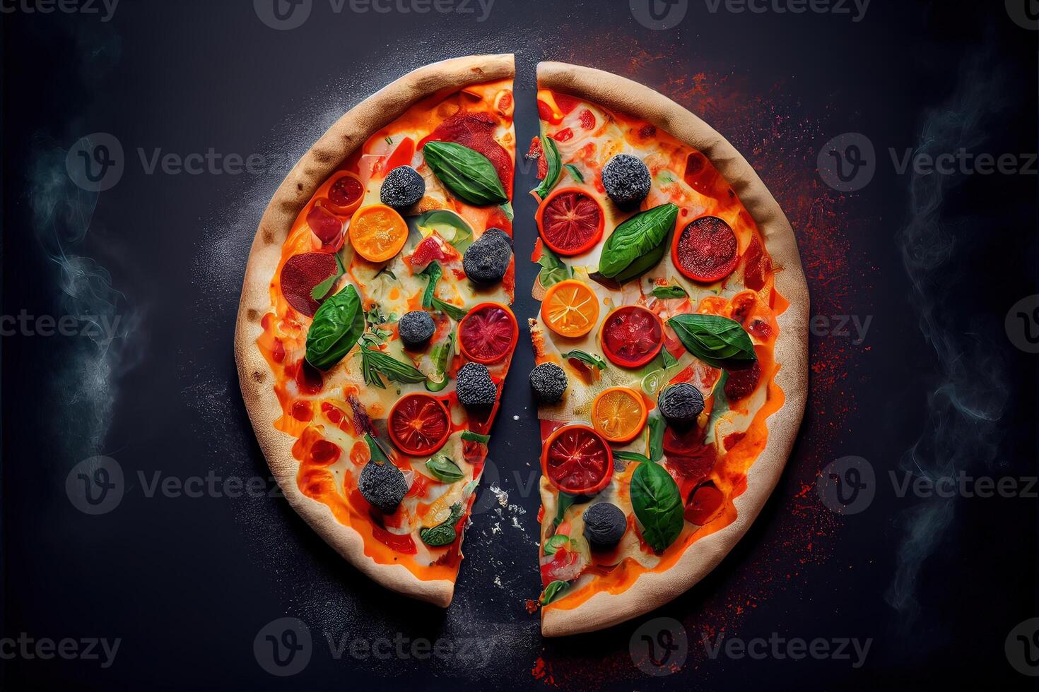 illustration of Homemade pizza with tomato and olives on dark stone background photo