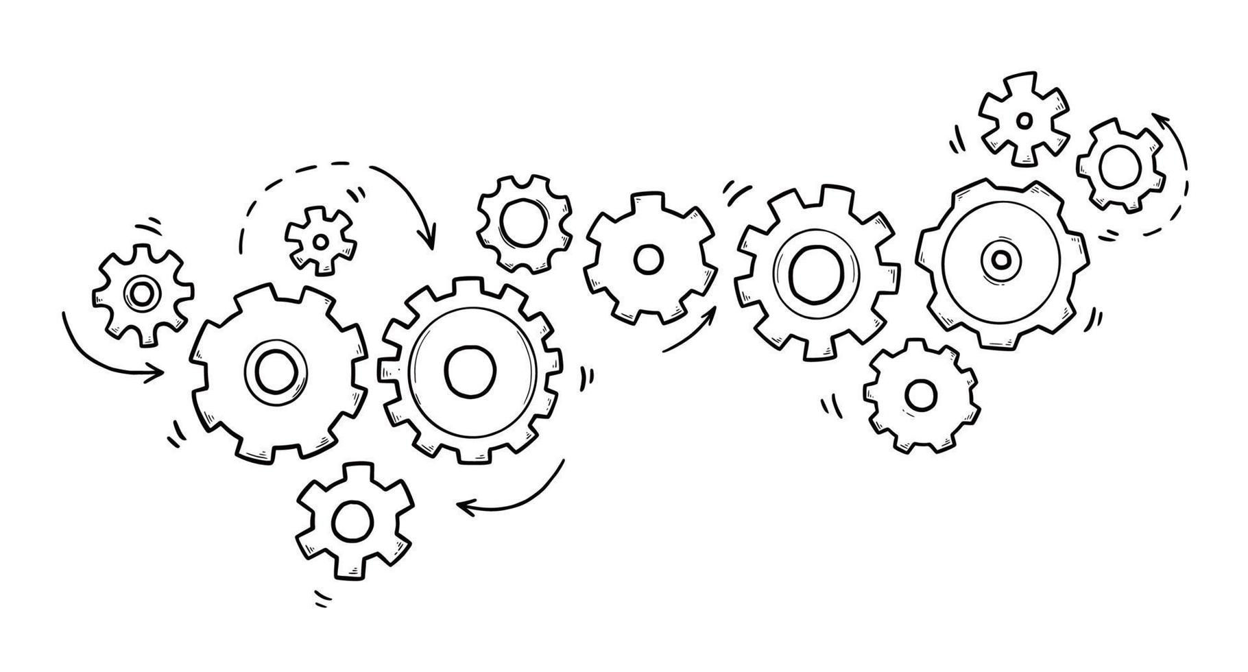 Hand drawn gear set. Doodle sketch style vector