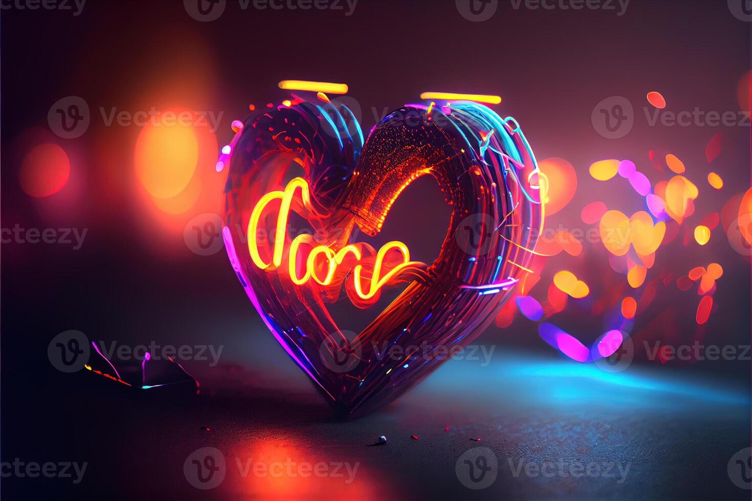 illustration of love heart neon light, decor, bright light, romantic. Love and valentine day concept. Neural network generated art. Digitally generated image. photo