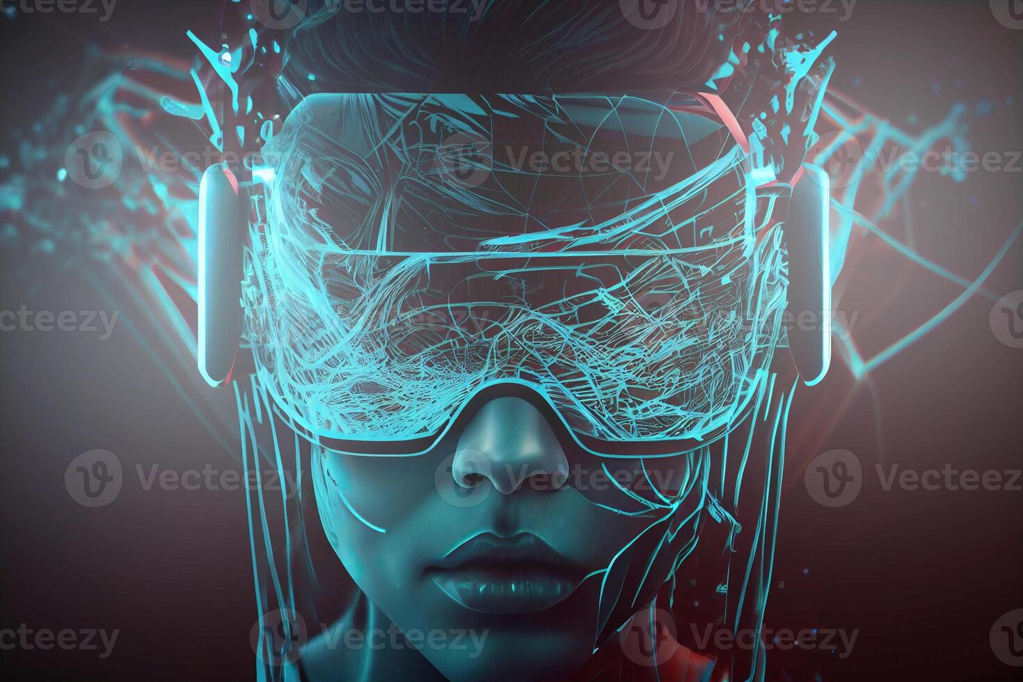 illustration of Metaverse concept and virtual world elements. Side view of human face in augmented or virtual reality headset inside the metaverse photo