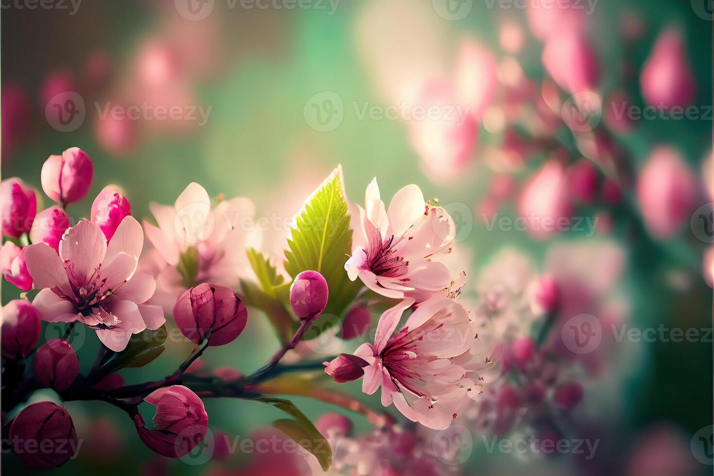 illustration of spring banner, branches of blossoming cherry against pink background and nature outdoors. Pink sakura flowers, dreamy romantic image spring, copy space. photo