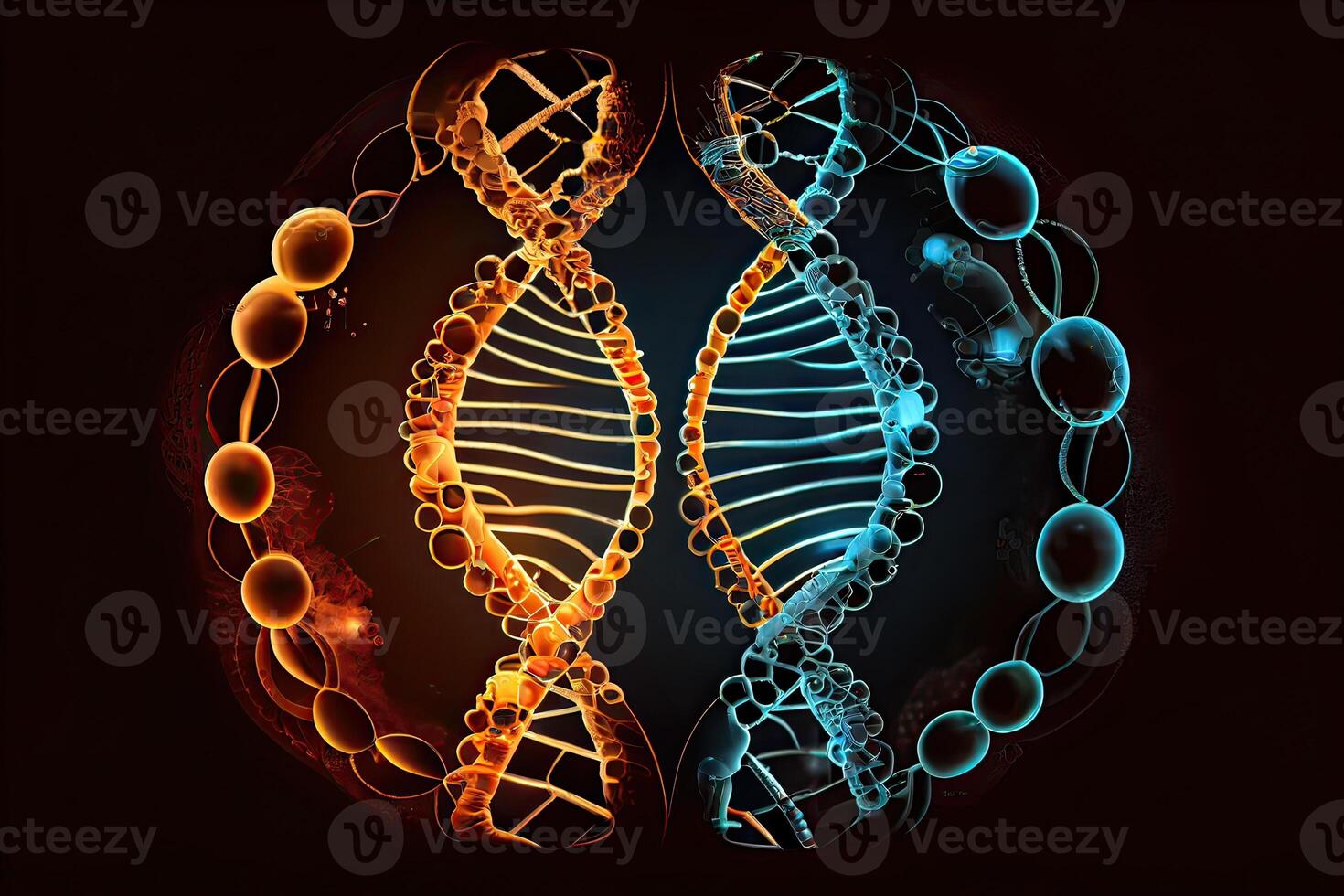 illustration of DNA molecule composition. Double helix of DNA. Human genome cell genetic biotechnology study. Genetic engineering research and analysis in science laboratories photo