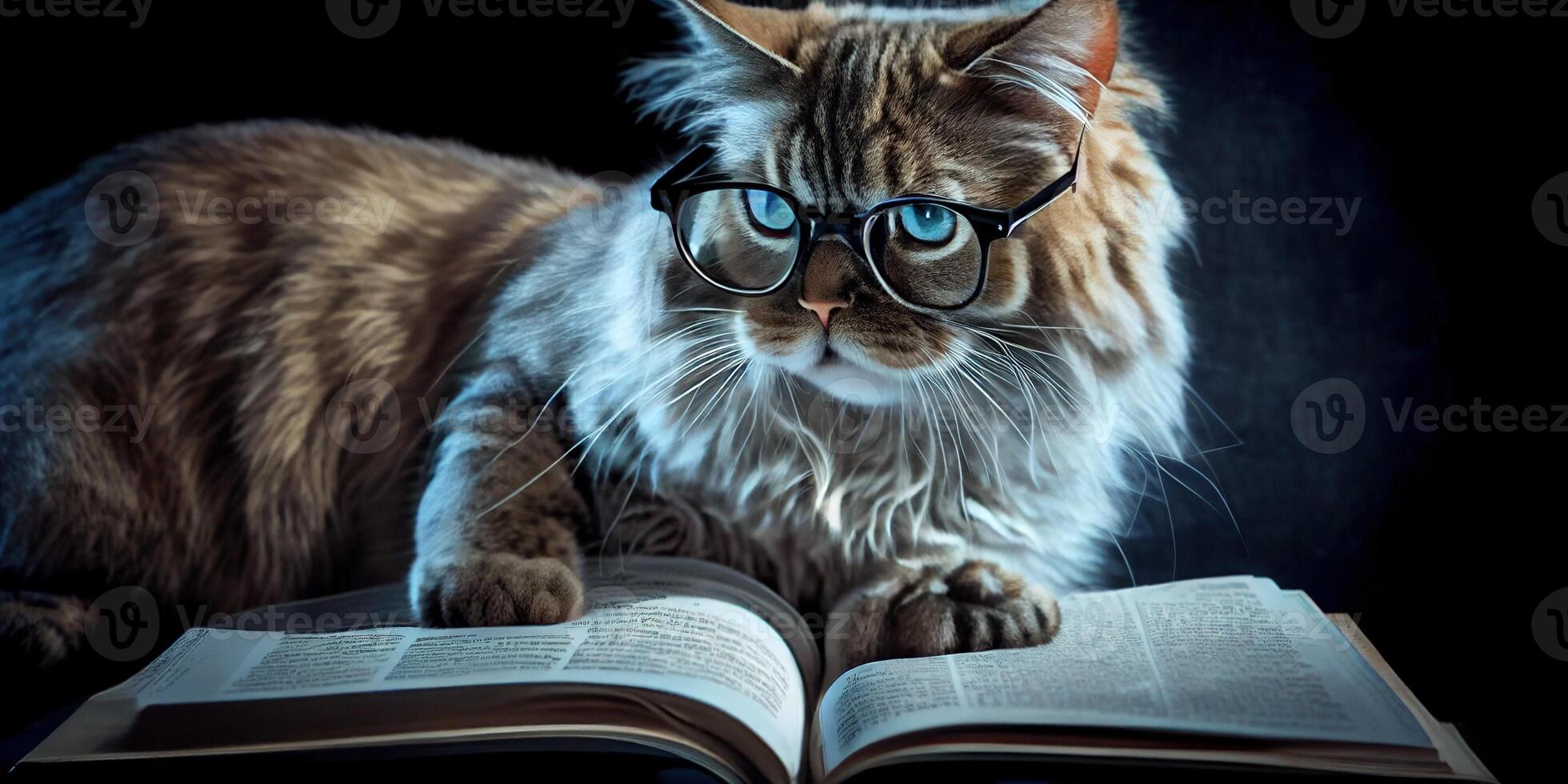 illustration of Intelligent serious cat in glasses reading a book, volumn light photo