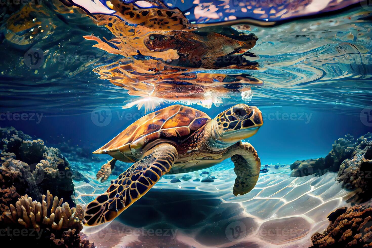 generativo ai ilustración de un mar Tortuga en cristal claro agua. increíble cristalino fondo del mar. arrecife lleno de vida foto