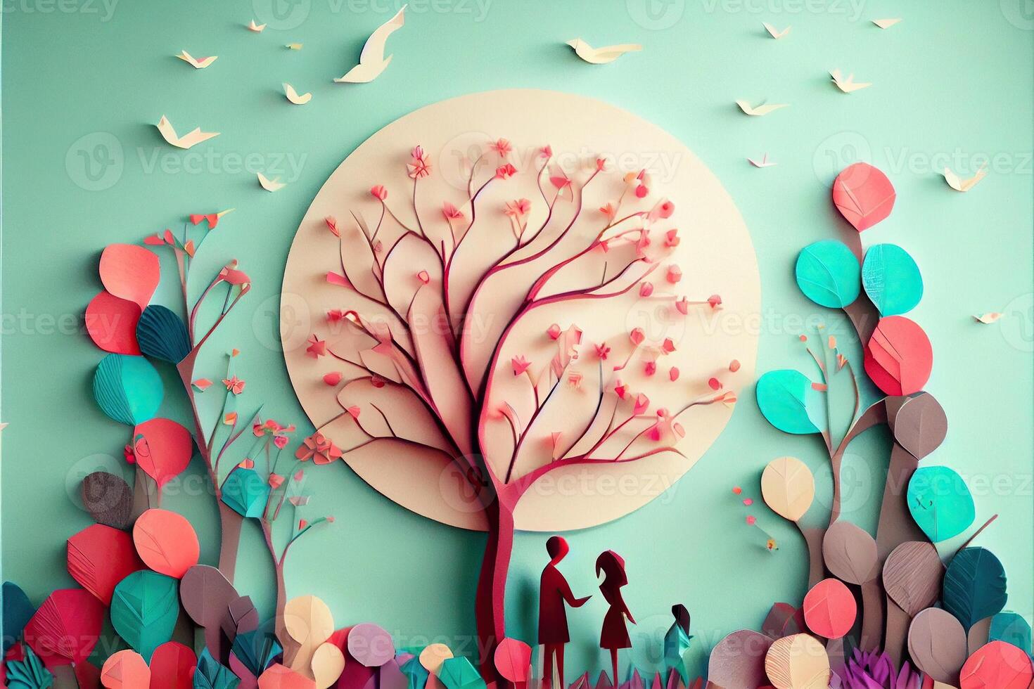 illustration of origami spring background, joyful elderly, happy family with parent, colorful. Paper cut craft, 3d paper illustration style, pop color. Neural network generated art. photo