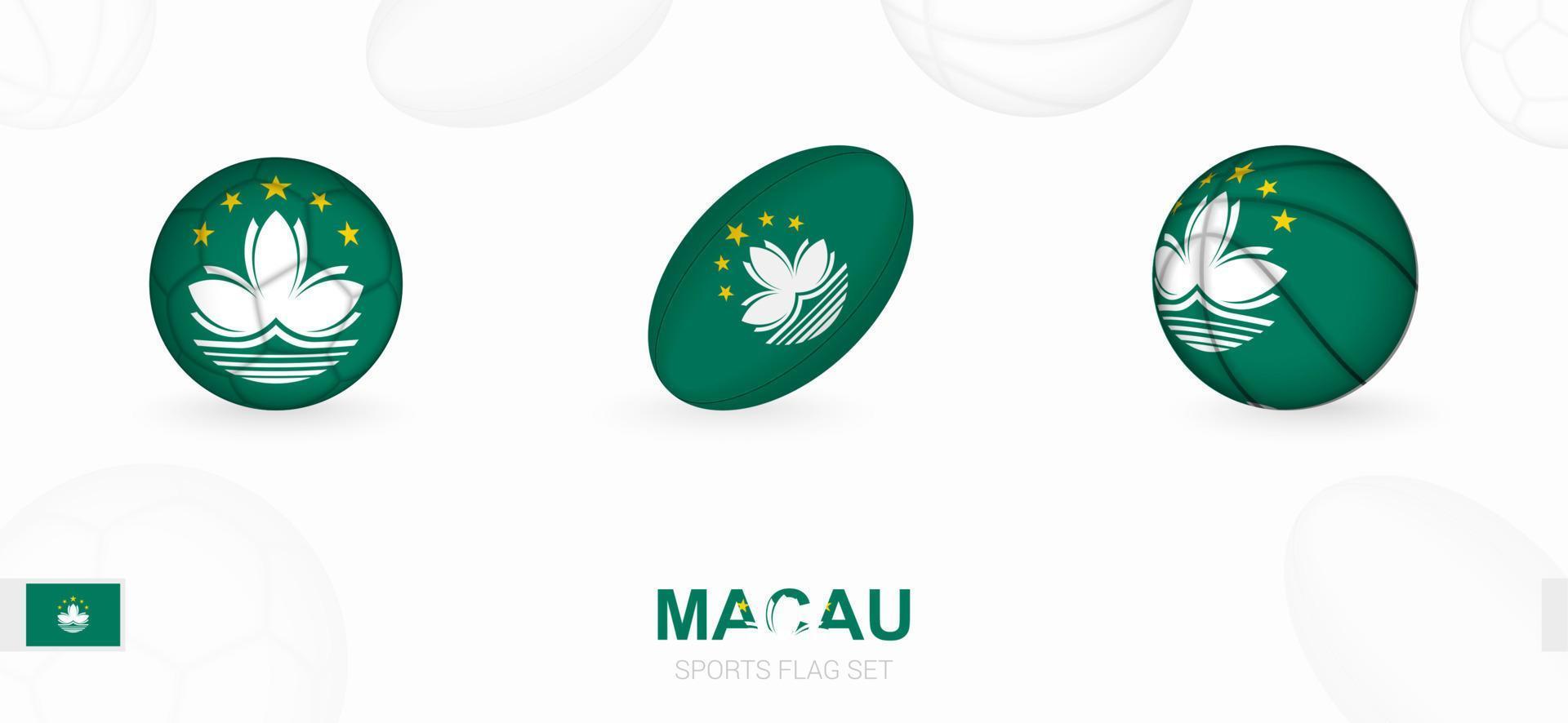 Deportes íconos para fútbol, rugby y baloncesto con el bandera de Macao. vector