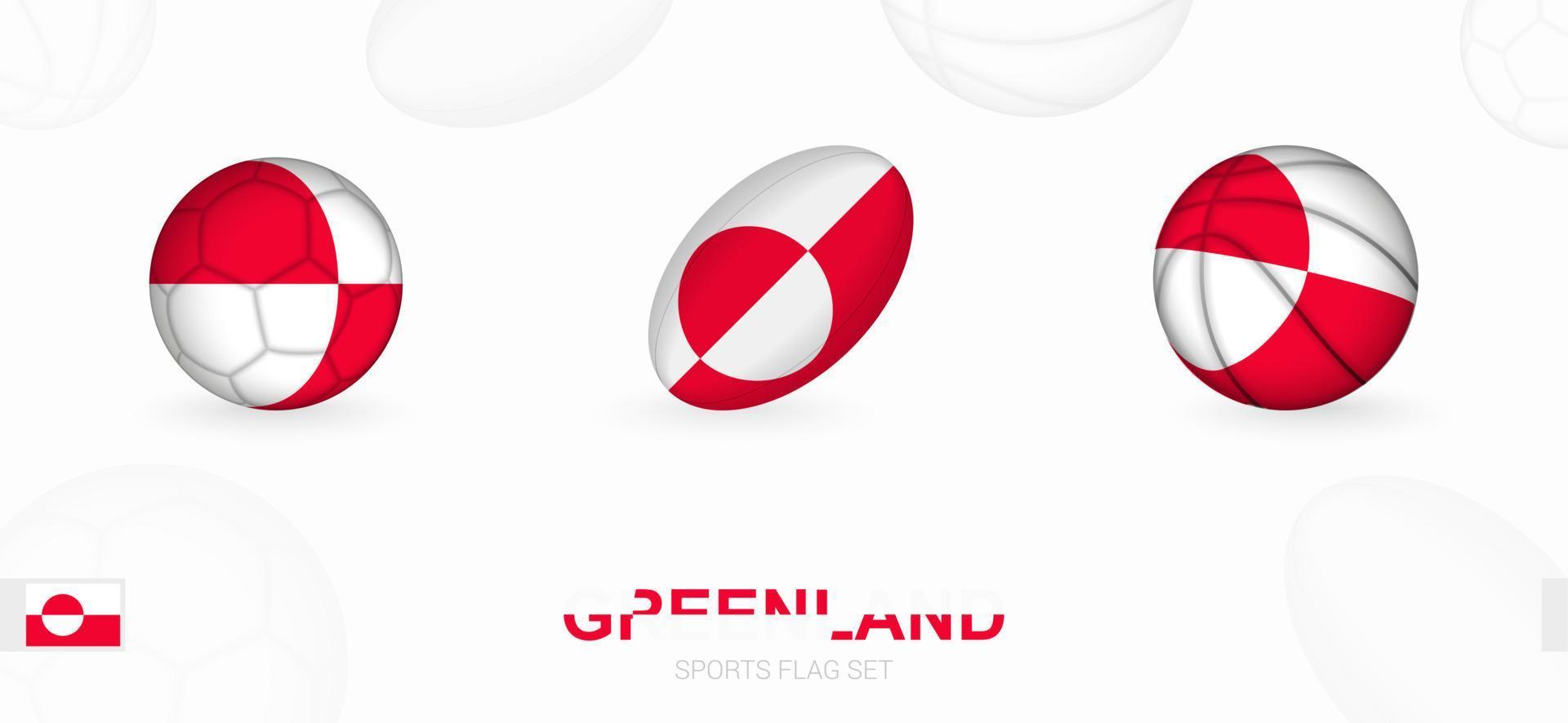 Deportes íconos para fútbol, rugby y baloncesto con el bandera de Groenlandia. vector
