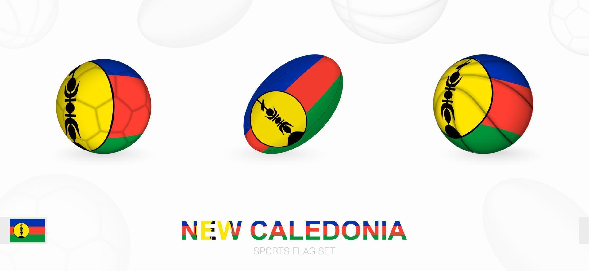 Deportes íconos para fútbol, rugby y baloncesto con el bandera de nuevo Caledonia. vector