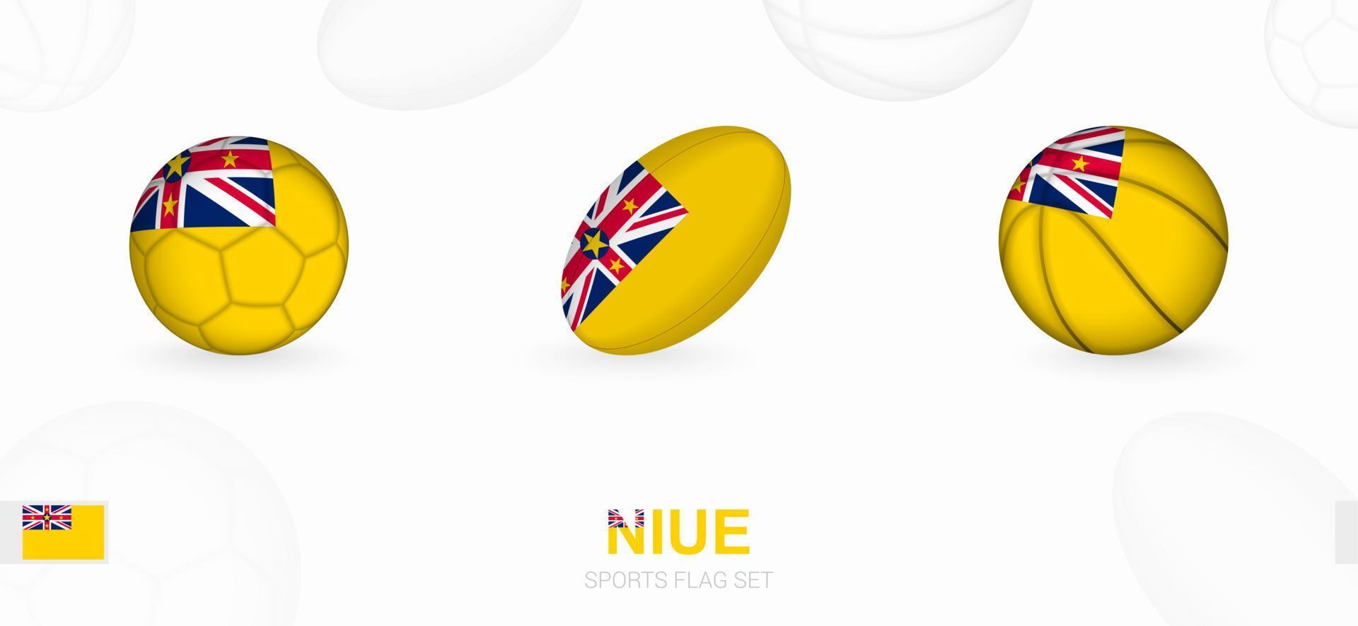 Deportes íconos para fútbol, rugby y baloncesto con el bandera de niue. vector