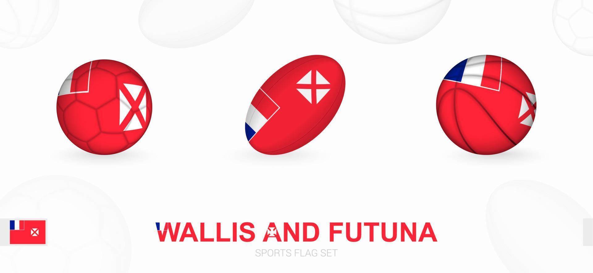 Deportes íconos para fútbol, rugby y baloncesto con el bandera de Wallis y futuna. vector