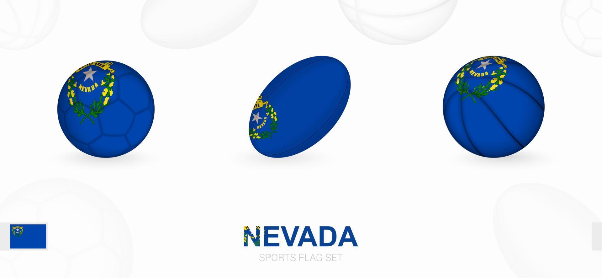 Deportes íconos para fútbol, rugby y baloncesto con el bandera de Nevada. vector