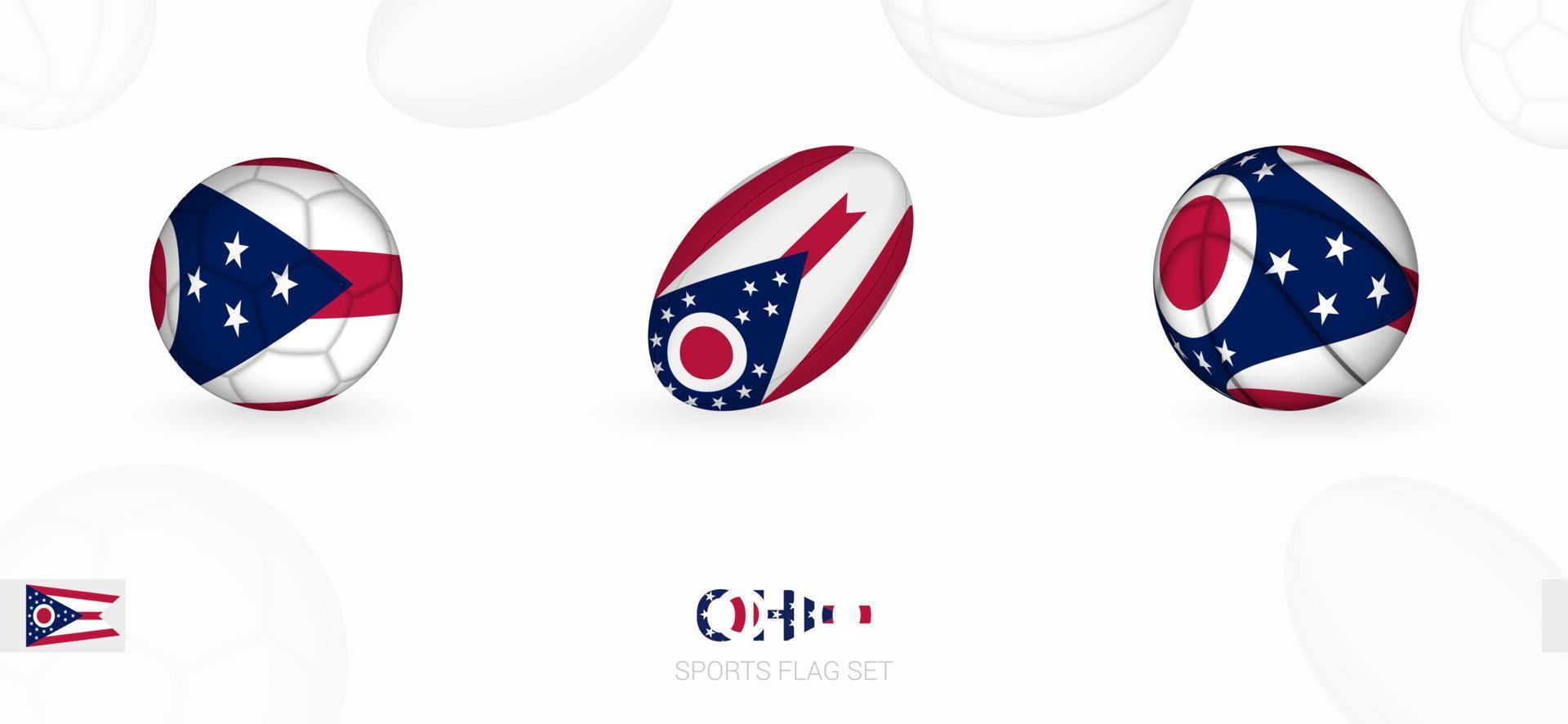 Deportes íconos para fútbol, rugby y baloncesto con el bandera de Ohio. vector