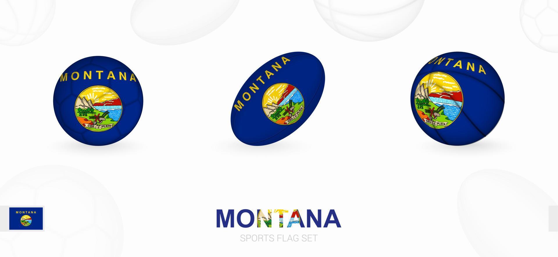 Deportes íconos para fútbol, rugby y baloncesto con el bandera de Montana. vector