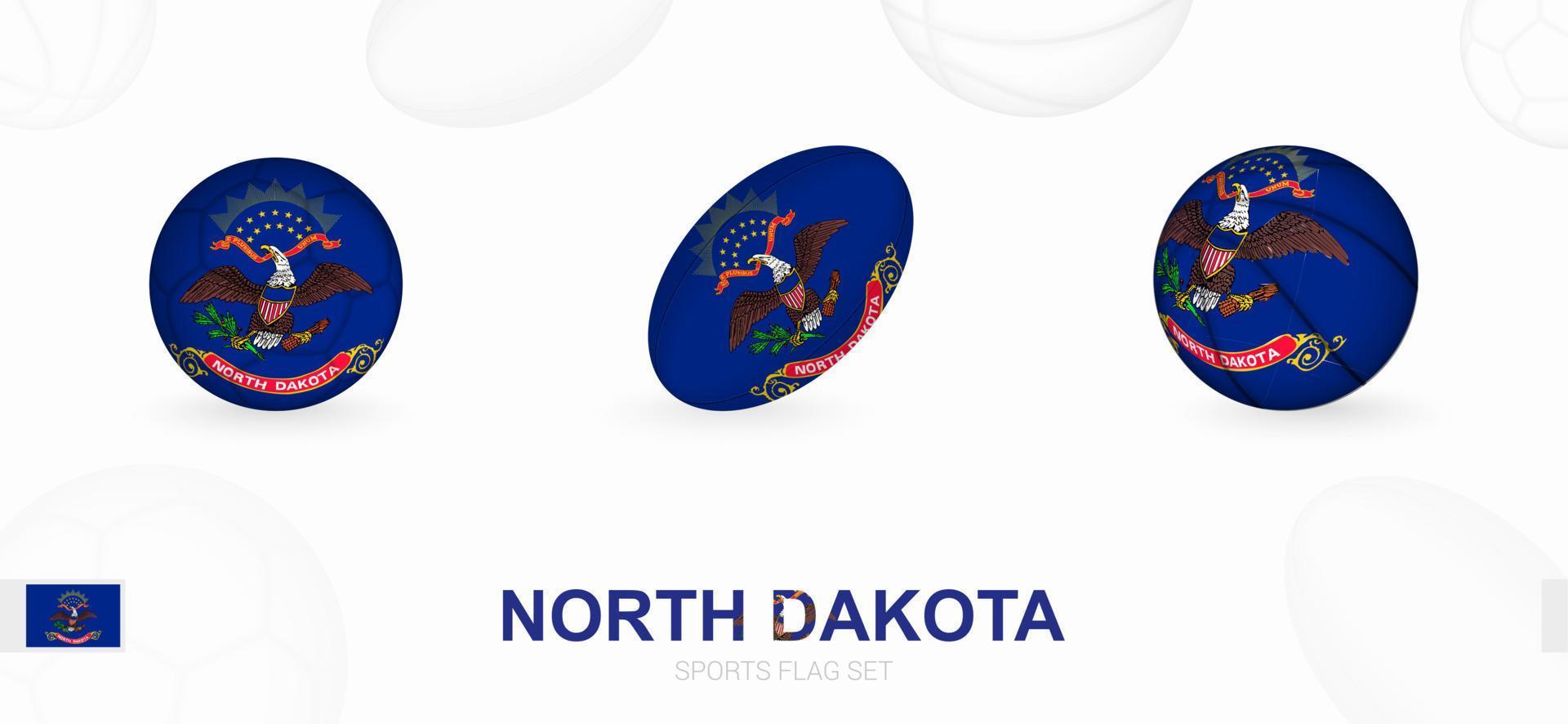 Deportes íconos para fútbol, rugby y baloncesto con el bandera de norte dakota vector