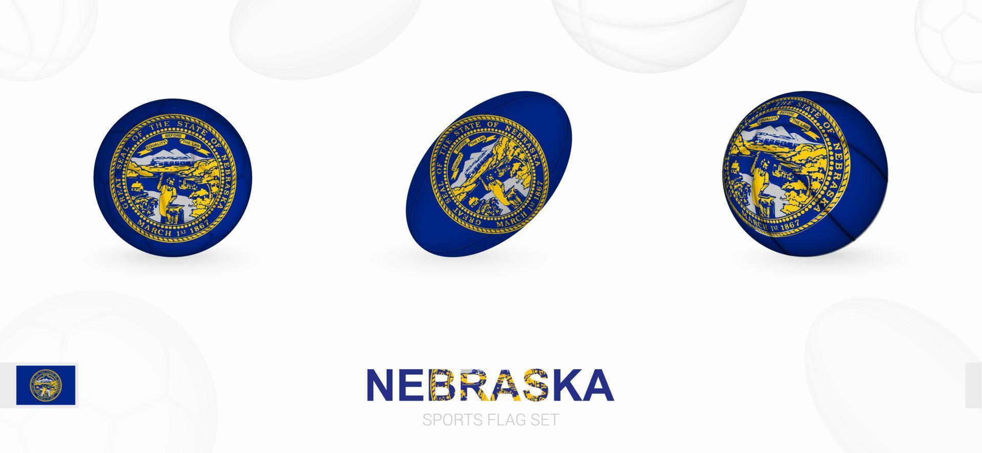 Deportes íconos para fútbol, rugby y baloncesto con el bandera de Nebraska. vector