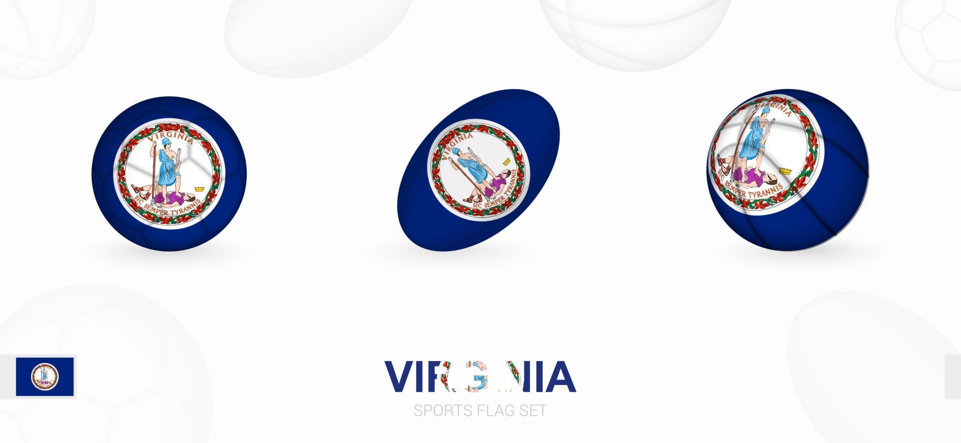 Deportes íconos para fútbol, rugby y baloncesto con el bandera de Virginia. vector