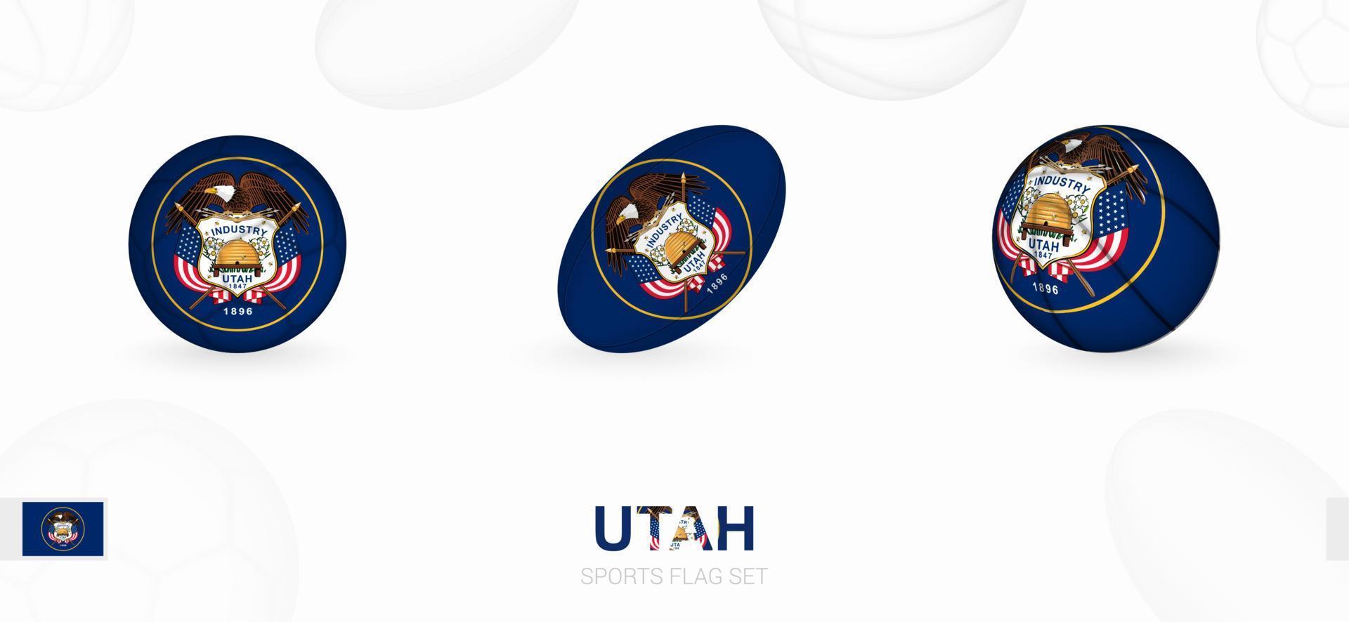 Sports icons for football, rugby and basketball with the flag of Utah. vector