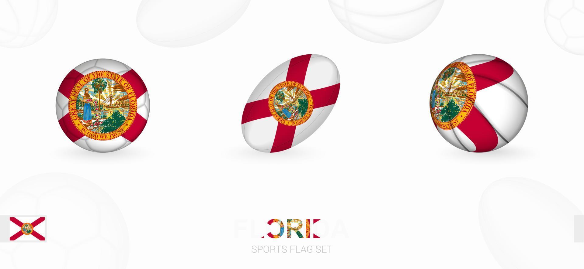 Deportes íconos para fútbol, rugby y baloncesto con el bandera de Florida. vector