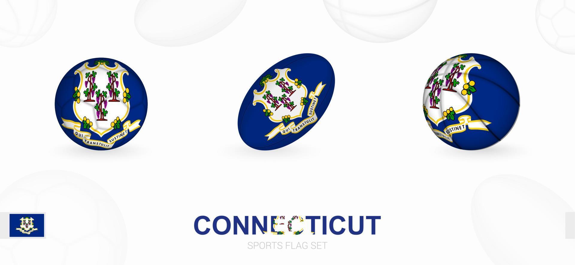 Deportes íconos para fútbol, rugby y baloncesto con el bandera de Connecticut. vector