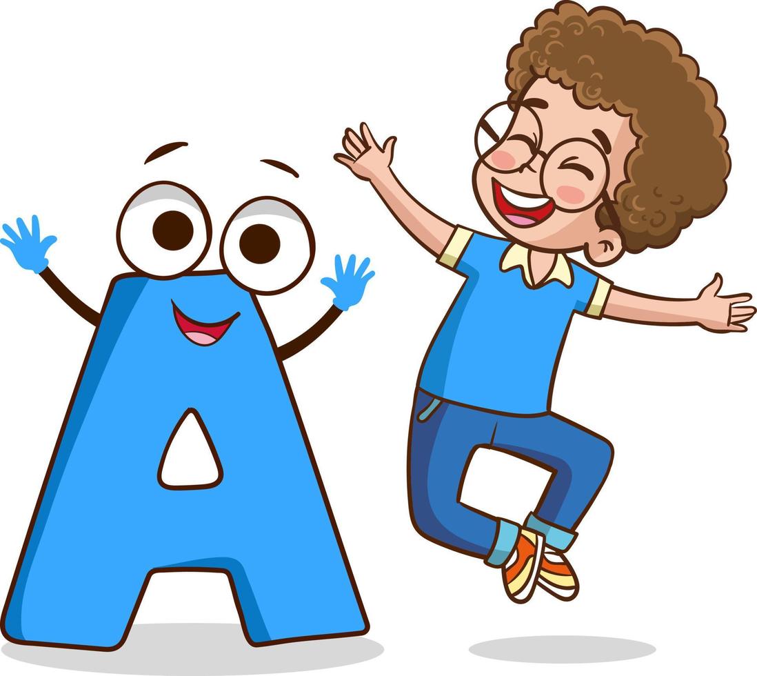 happy cute little kid studies alphabet letter A character vector