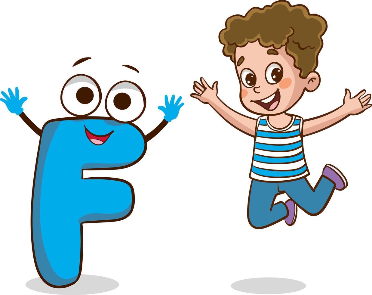 happy cute little kid studies alphabet letter F character 22705910