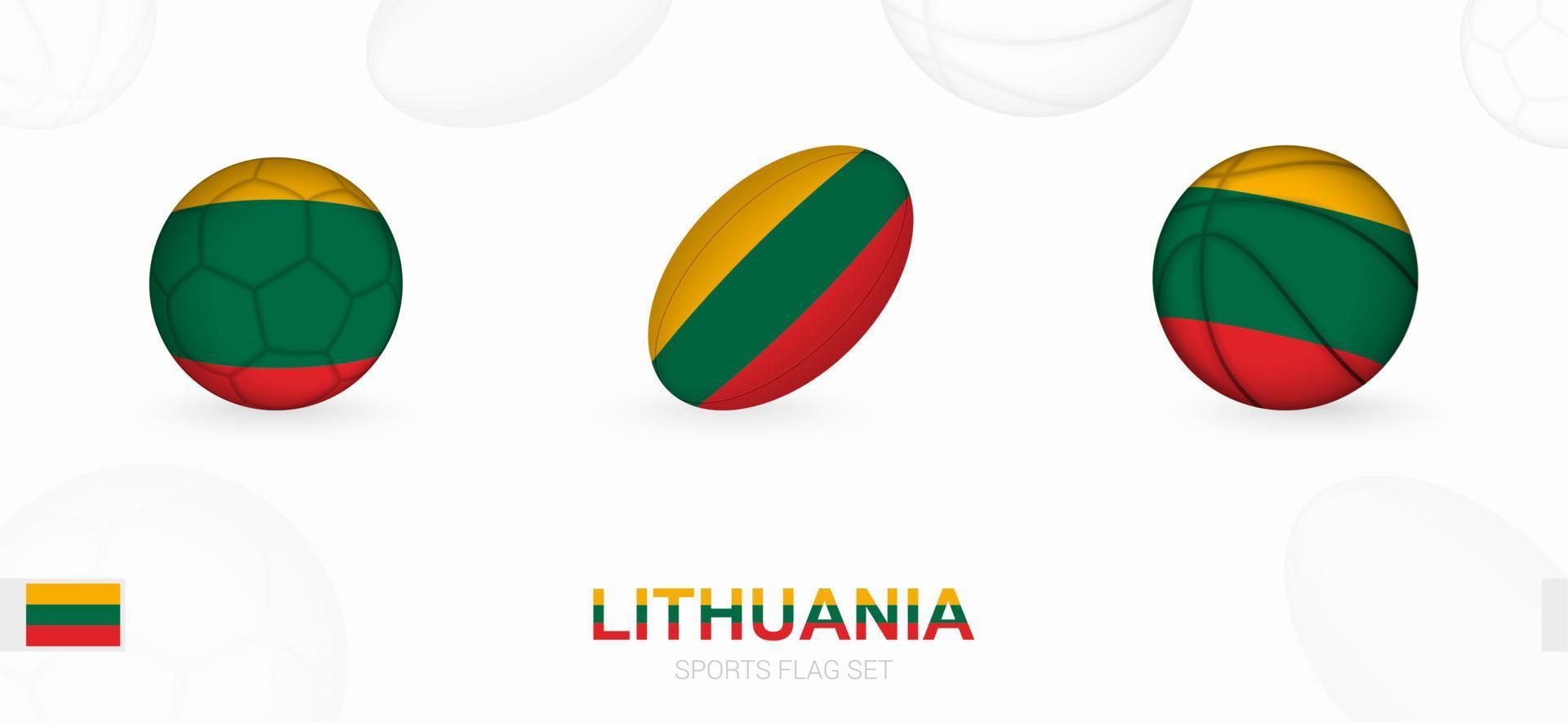 Deportes íconos para fútbol, rugby y baloncesto con el bandera de Lituania. vector