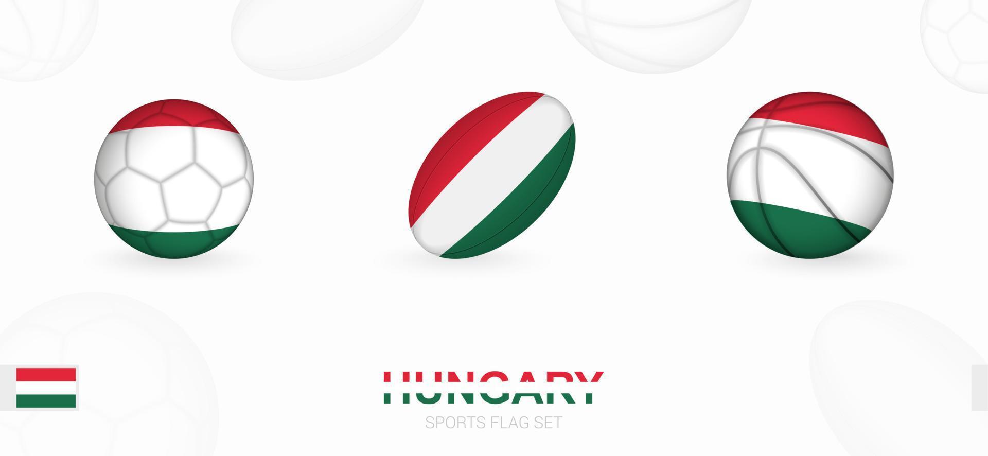 Deportes íconos para fútbol, rugby y baloncesto con el bandera de Hungría. vector