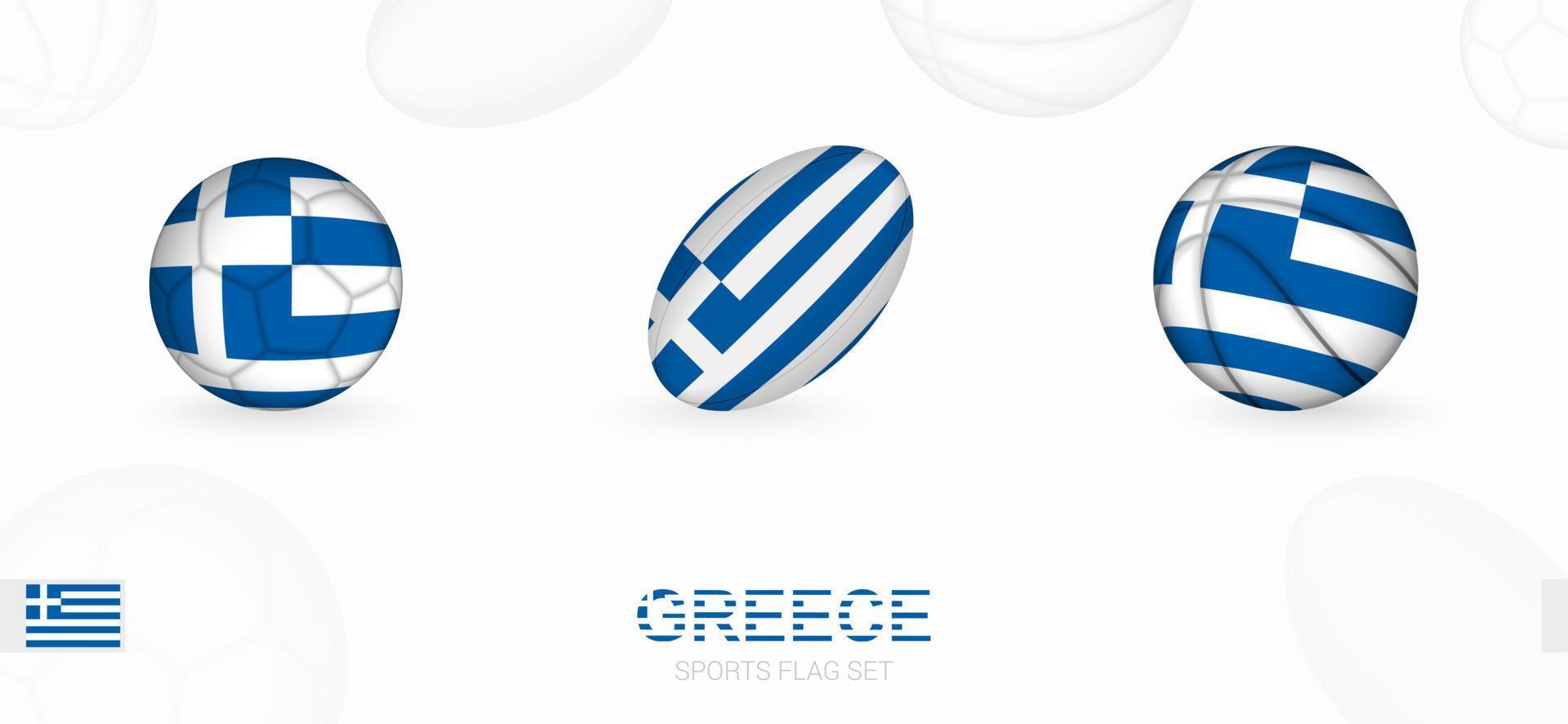 Deportes íconos para fútbol, rugby y baloncesto con el bandera de Grecia. vector