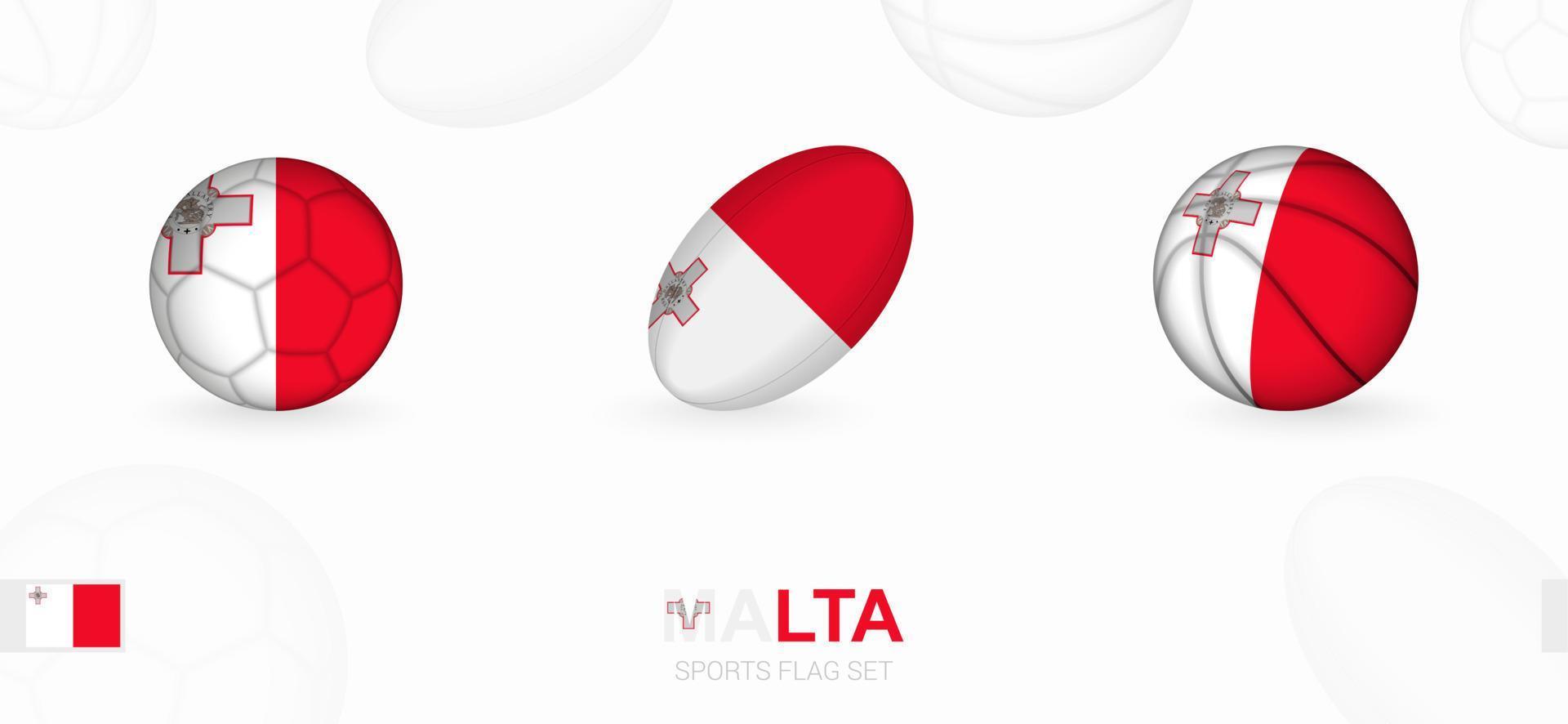 Deportes íconos para fútbol, rugby y baloncesto con el bandera de Malta. vector