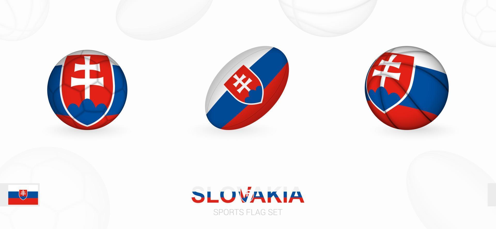 Deportes íconos para fútbol, rugby y baloncesto con el bandera de Eslovaquia. vector