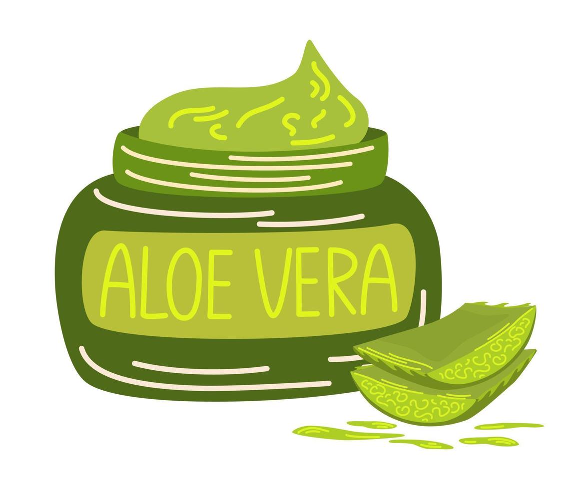 Cream with aloe vera. Natural cosmetics for face and body. Aloe vera plant pieces. Products, printing and web. Vector cartoon illustration isolated on the white background.