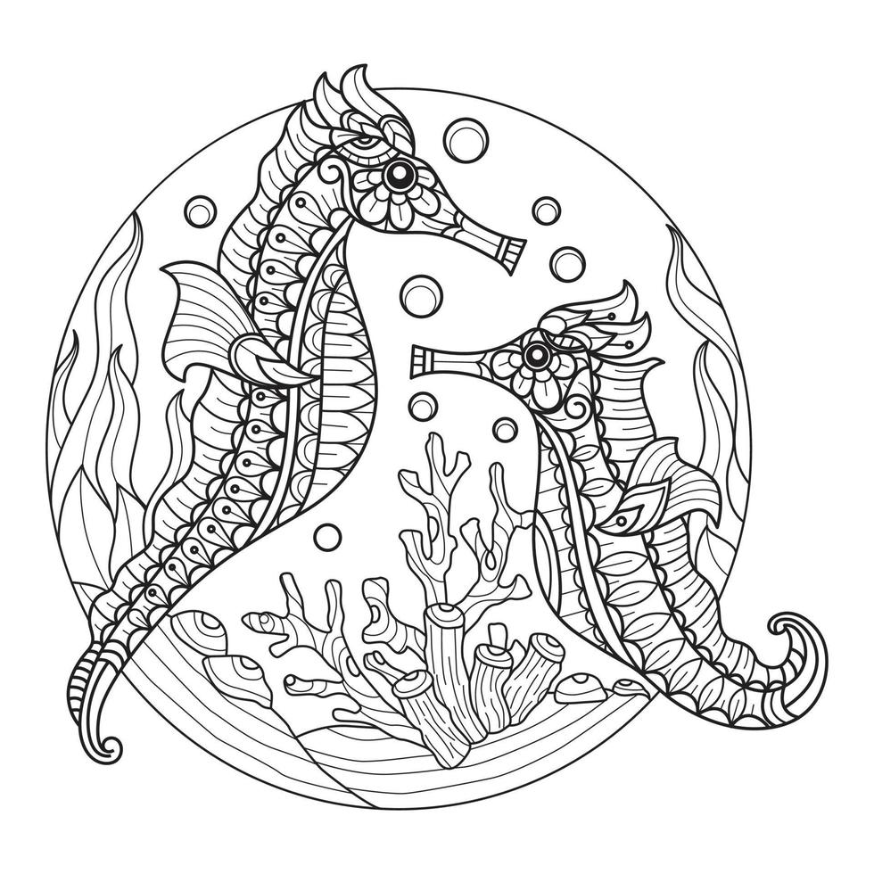 Sea horse hand drawn for adult coloring book vector