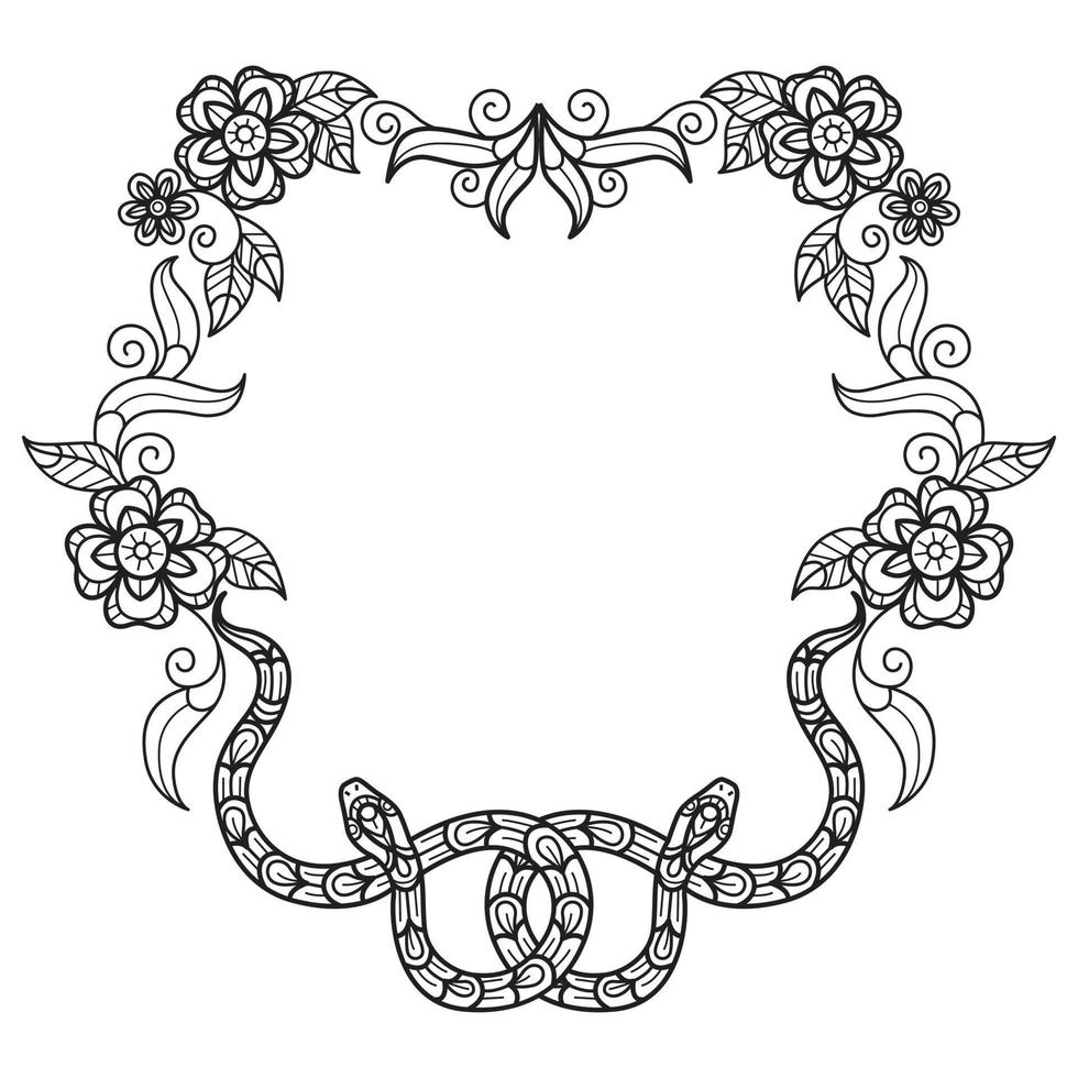 serpiente y flor marco mano dibujado para adulto colorante libro vector
