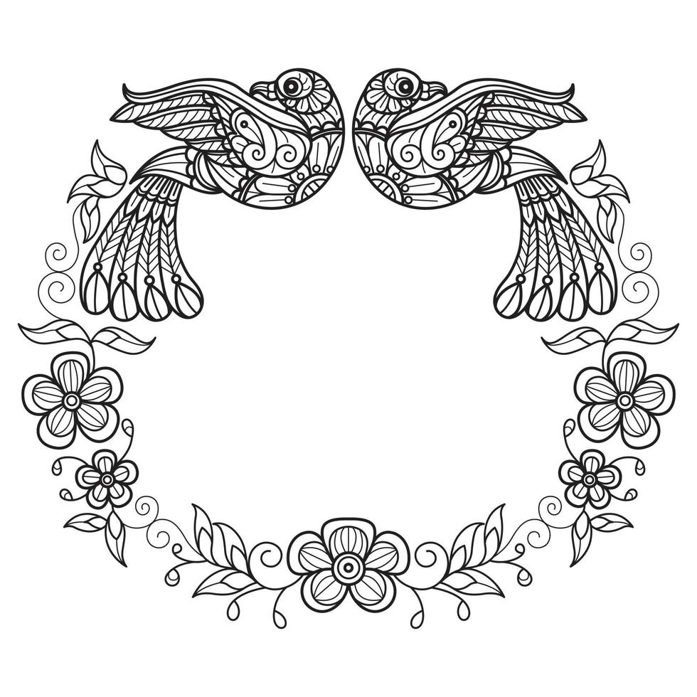 Bird and flower wreath hand drawn for adult coloring book vector