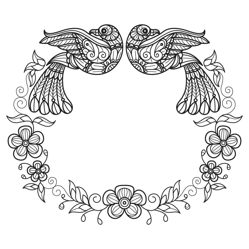 Bird and flower wreath hand drawn for adult coloring book vector