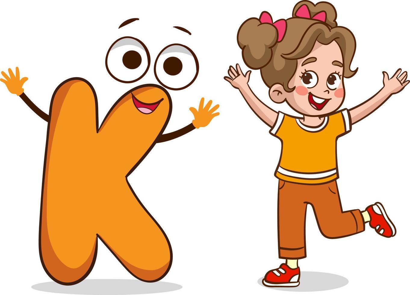 happy cute little kid studies alphabet letter K character vector