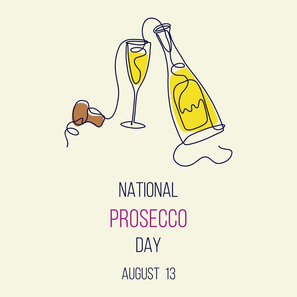 nacional Prosecco día. vaso de espumoso vino, botella y corcho. Prosecco día póster, agosto 13 línea Arte vector ilustración.