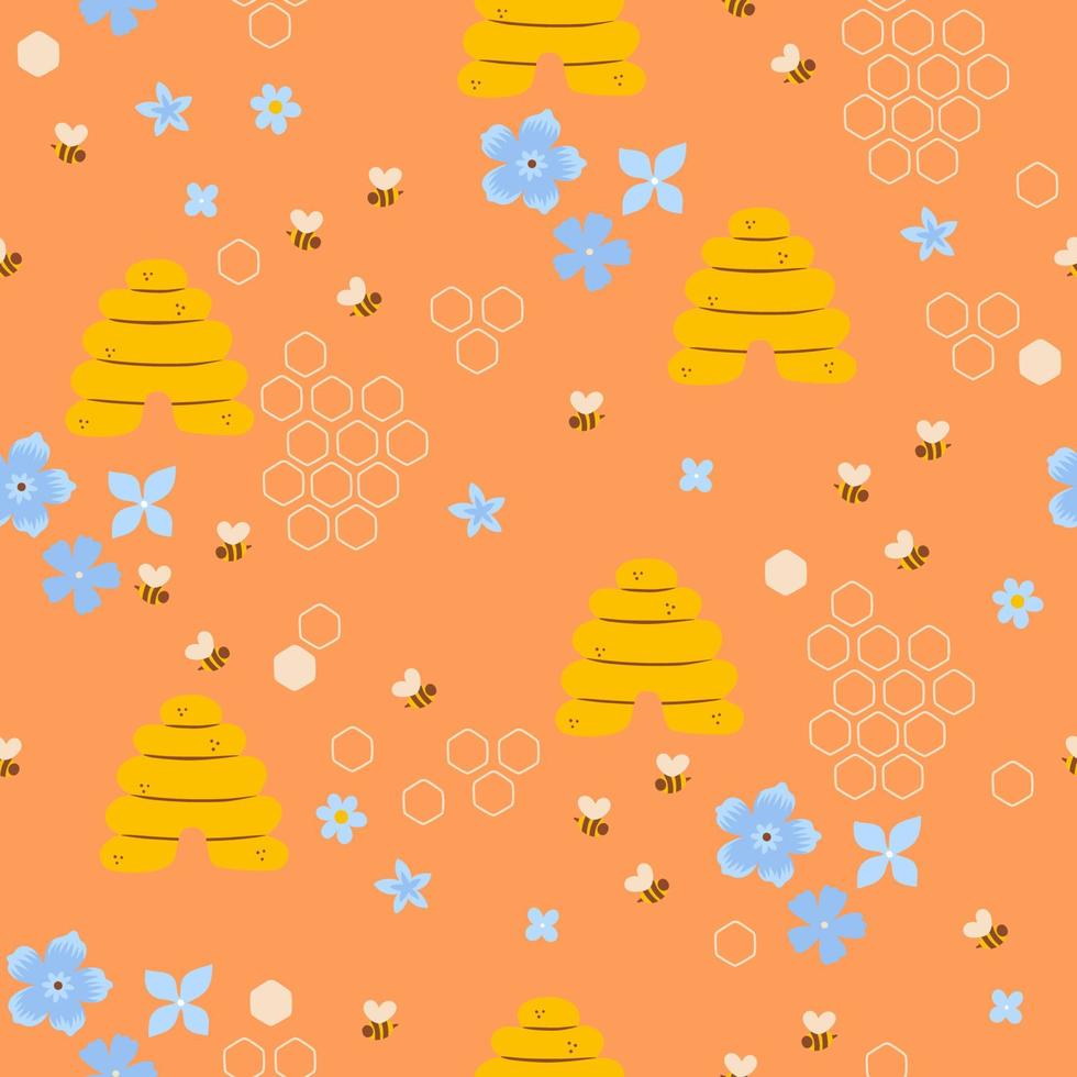 Seamless pattern of bees, beehives and flowers. Vector graphics.