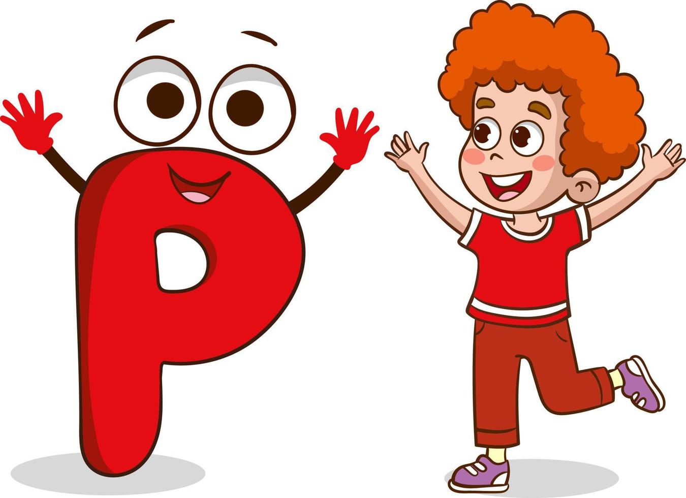 happy cute little kid studies alphabet letter P character vector